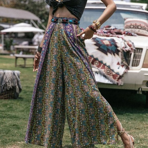 Coachella Festival Boho Floral Print Wrap Wide Leg Pants Without Belt - Picture 5 of 6